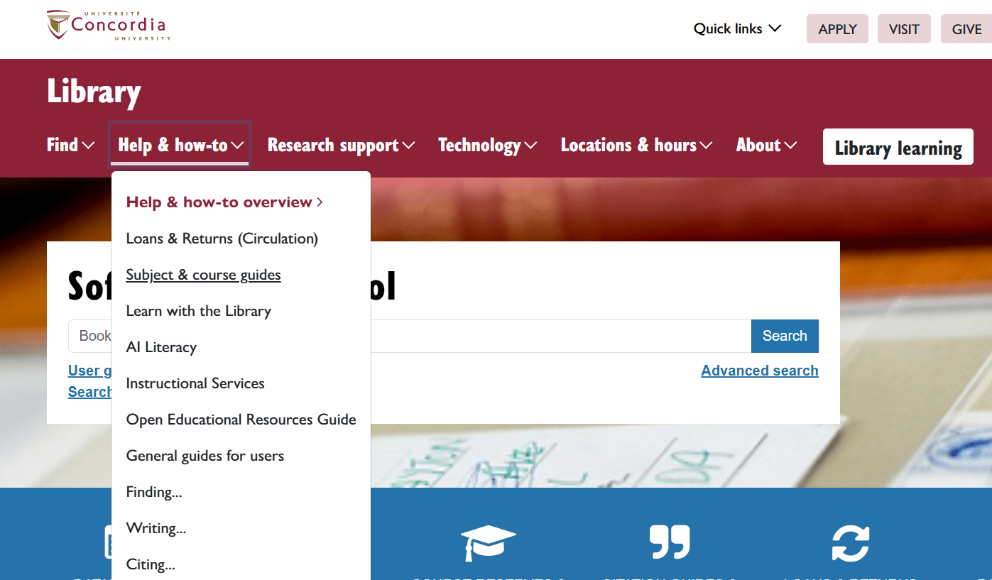 screenshot of library homepage with the following menu items selected from the top red menu bar: Help & How-To - Subject & course guides