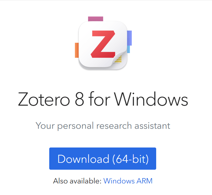 Zotero logo and text: Zotero 8 for Windows, Download