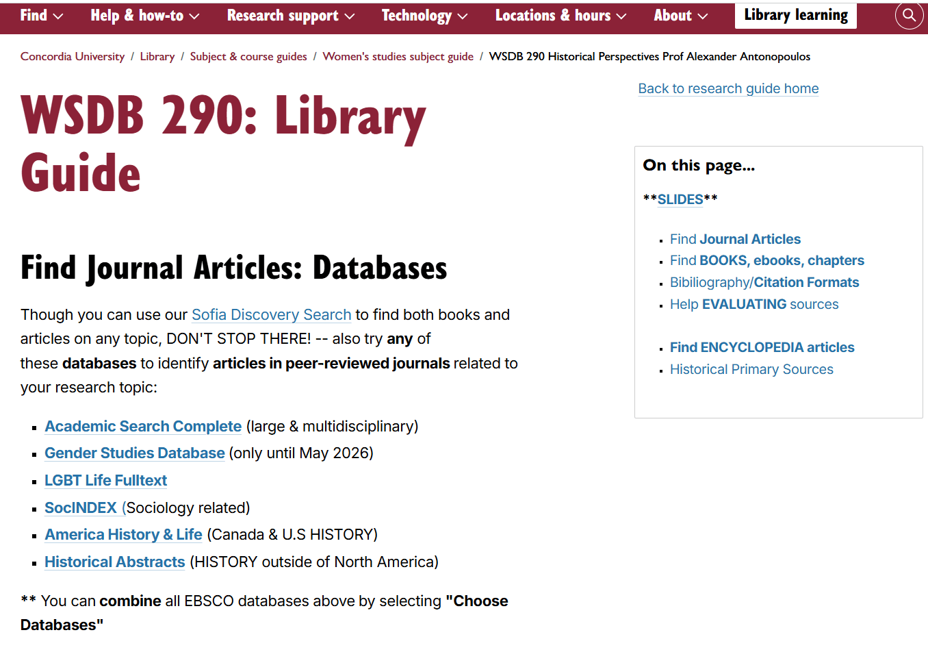screenshot of page: WSDB 290 Library Guide. With subheading: Find Journal Articles: Databases. https://www.concordia.ca/library/guides/womens-studies/wsdb290.html