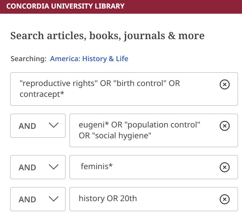 searching: America History and Life. Search terms entered: ("reproductive rights" OR "birth control" OR contracept*) AND (eugeni* OR "population control" OR "social hygiene") AND feminis* AND (history OR 20th)