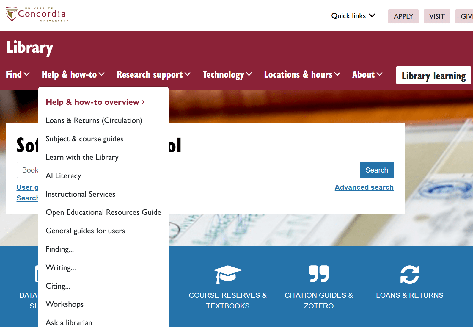 screenshort of library homepage with "Subject & course guides" selected in the help & how to drop down menu