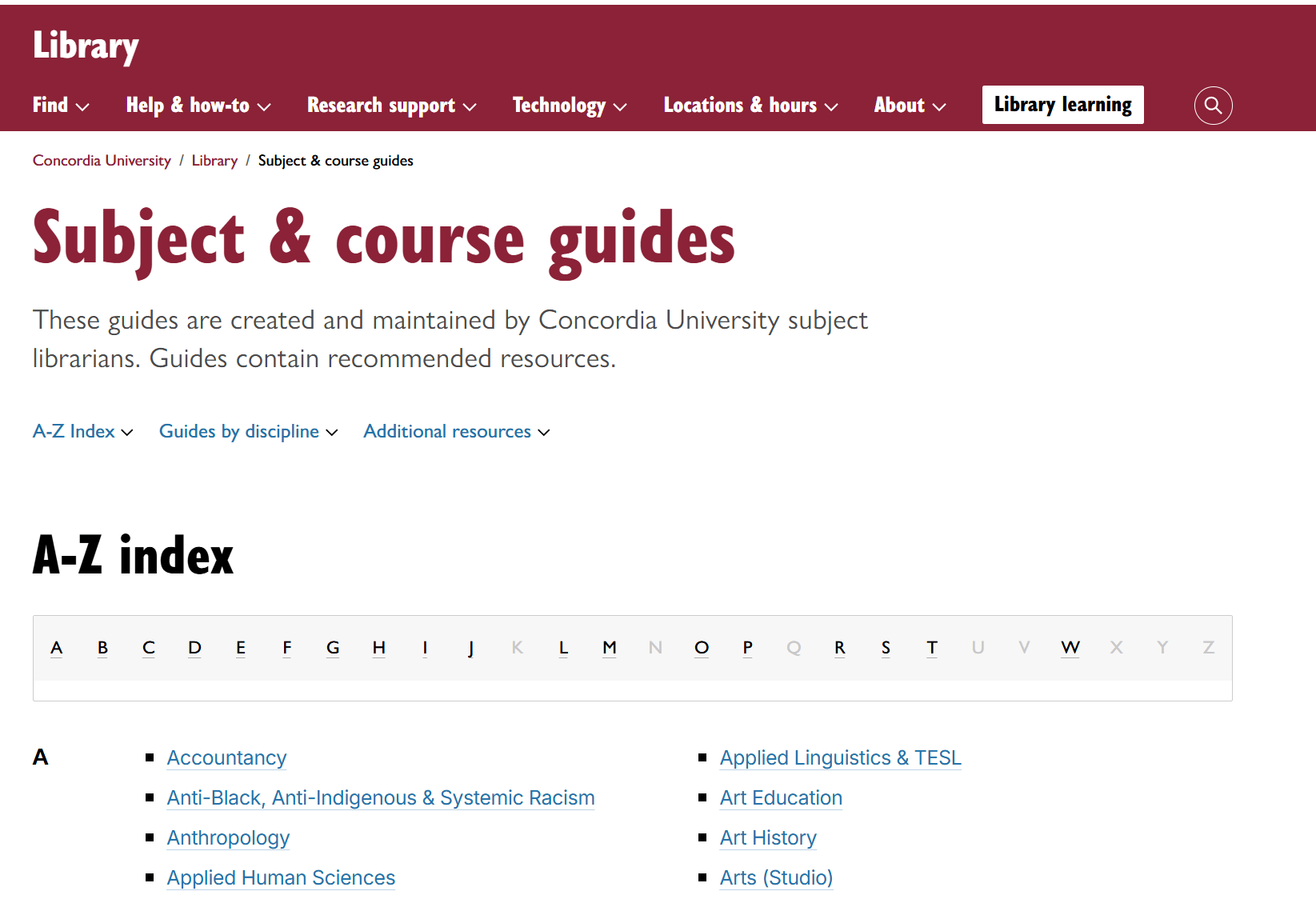 screenshot of subject & course guides page, with A-Z index displayed