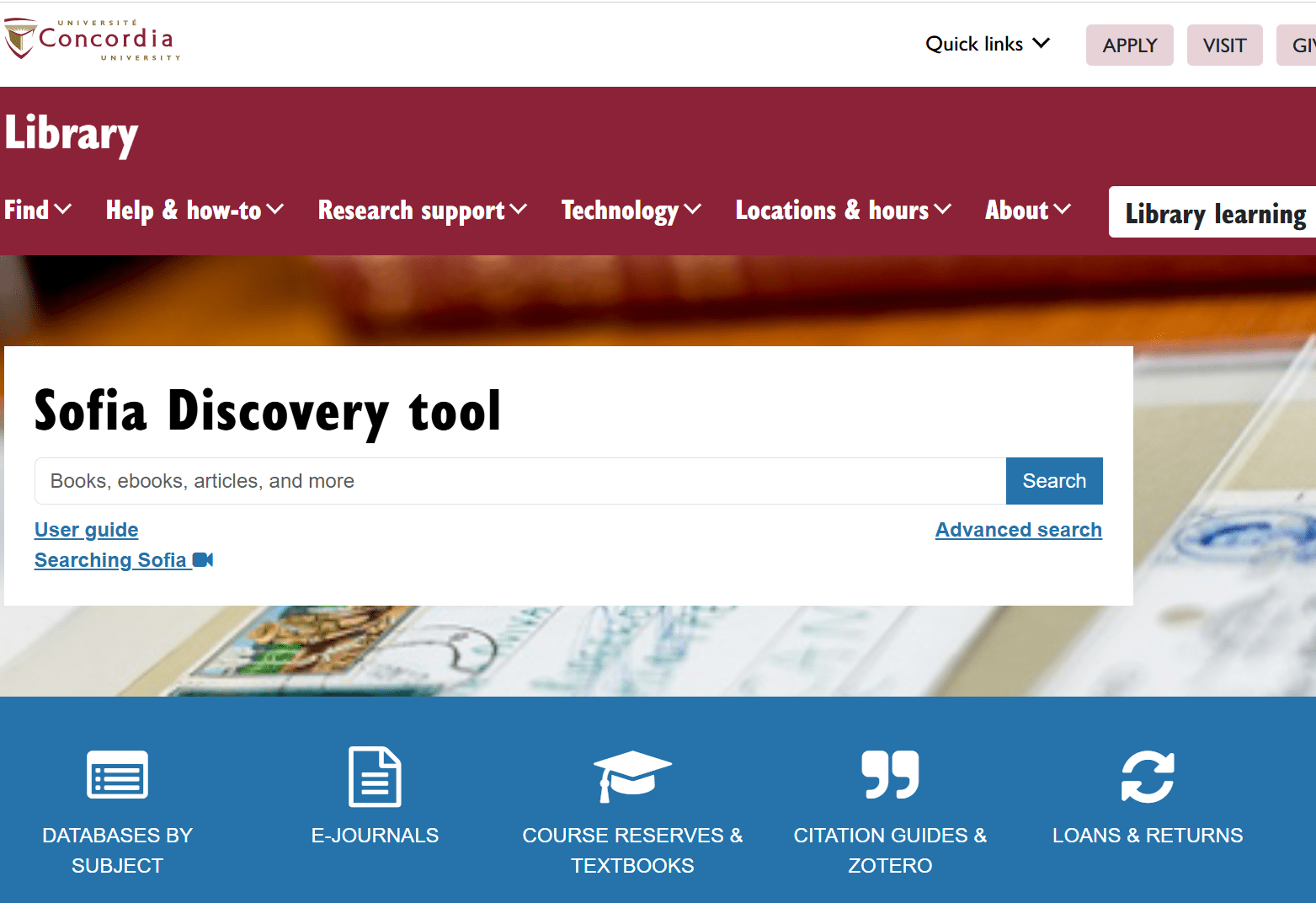 screeshot of library homepage with "databases by subject" highlighted on the blue menubar