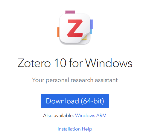 Zotero logo and text: Zotero 10 for Windows, Download