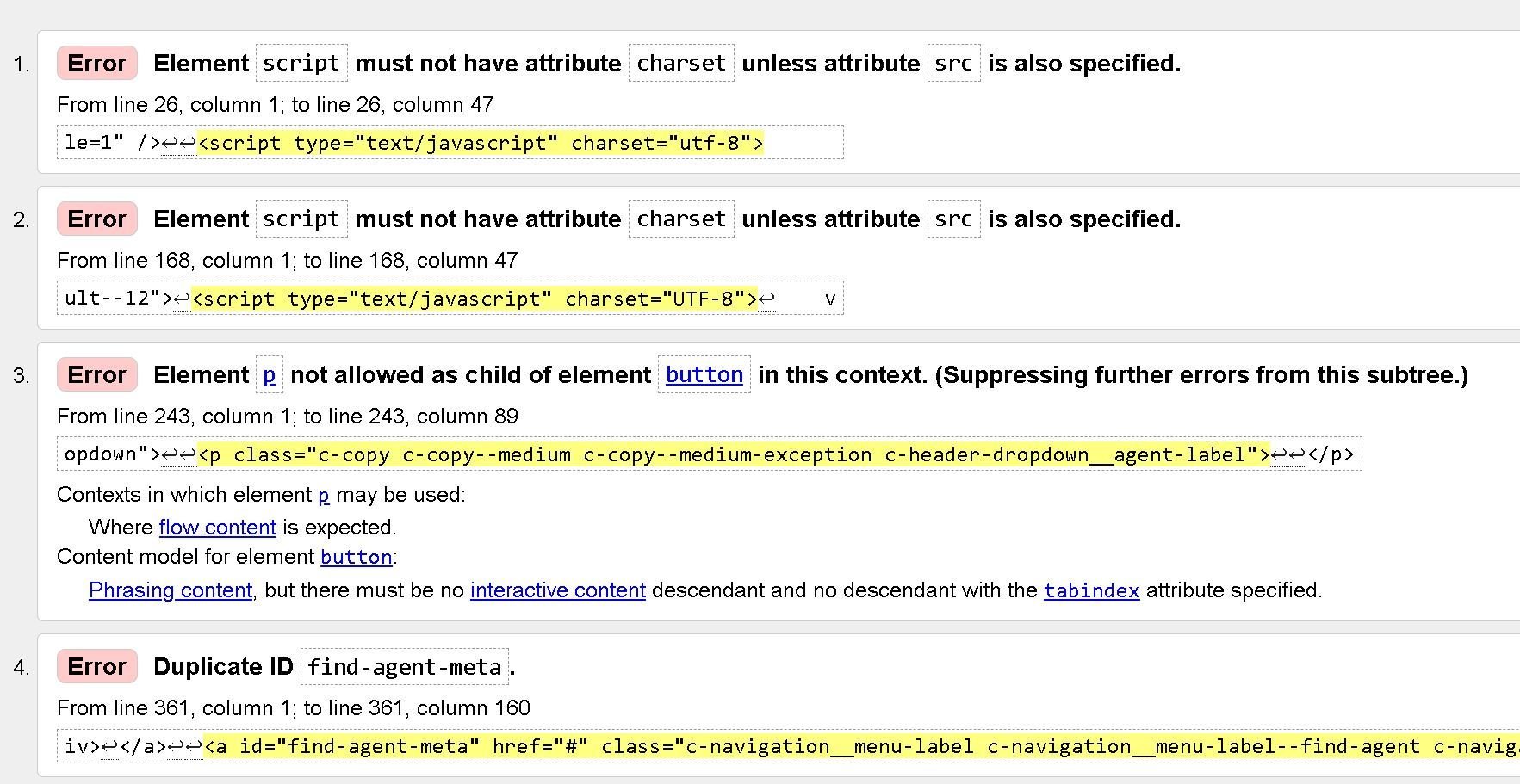 Image d'erreurs du validator W3C