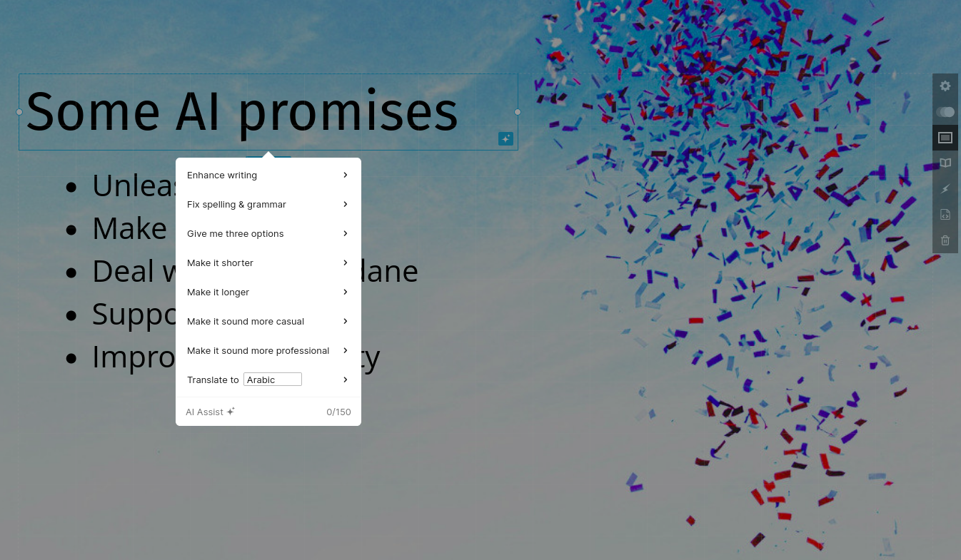 Screenshot of the AI assistant of slides.com which presents several options to improve the language