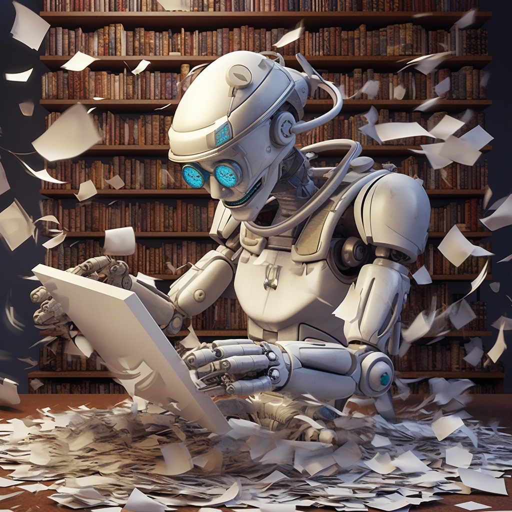 Generated by Midjourney from the prompt "Robot types into a computer that has pages of beautiful paper flowing out of it." Midjourney generated a white robot with bright blue eyes and a wide smile looking at a device that may look like a tablet. Around it, small, blank, post-it notes like paper is flying around it. In the background is a huge floor to ceiling bookshelf.