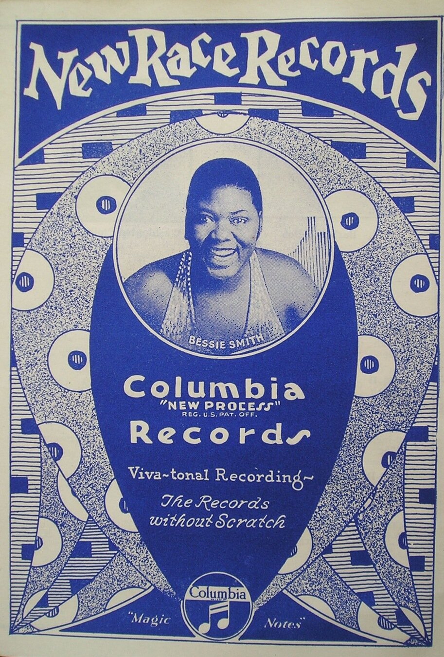 Bessie Smith wears a sleeveless dress and stares straight at the camera with a big smile.