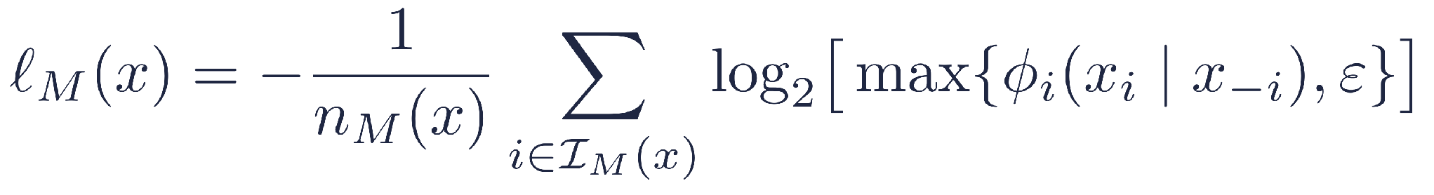 l_M(x) = -1/n_M(x) sum over i in I_M(x) of log2 max{phi_i(x_i | x_-i), epsilon}