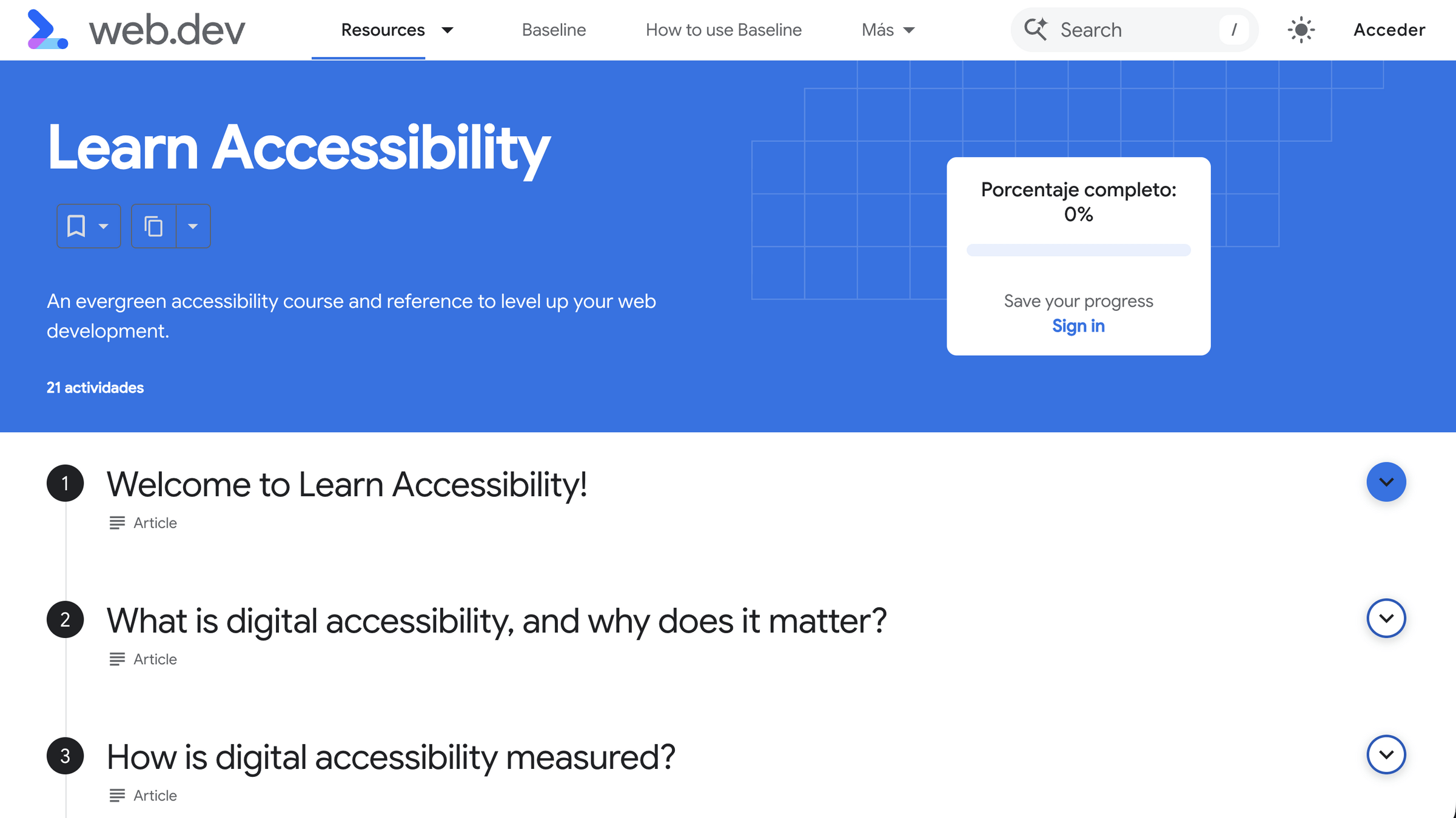 Screenshot of the web.dev ‘Learn Accessibility’ course page. The header shows the web.dev logo and navigation menu, with a large blue banner titled ‘Learn Accessibility’. A progress box on the right displays ‘Completion percentage: 0%’ with a sign-in prompt. Below, a list of course activities appears, including items titled ‘Welcome to Learn Accessibility!’, ‘What is digital accessibility, and why does it matter?’, and ‘How is digital accessibility measured?’
