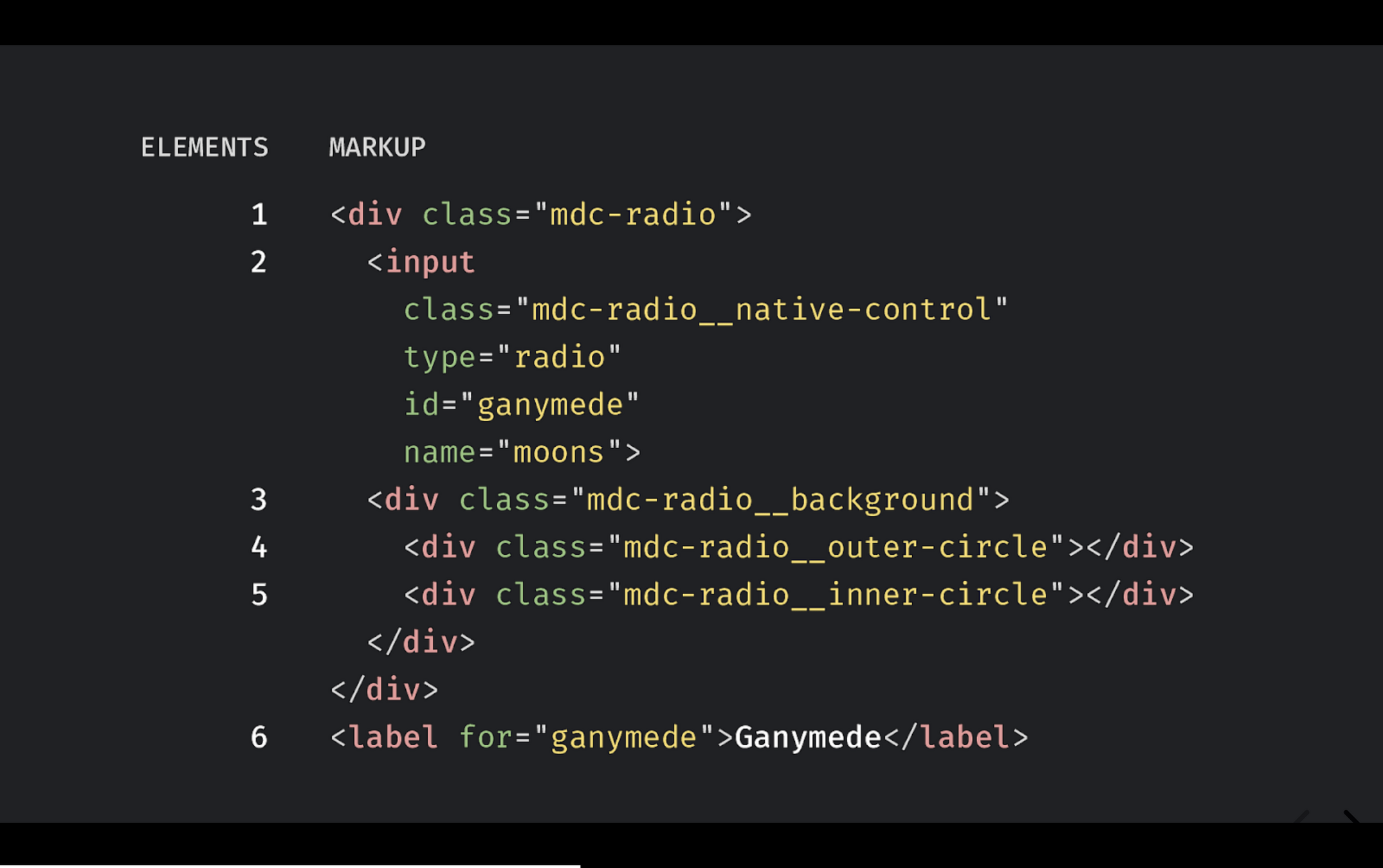 A screenshot showing HTML markup for a Material Design radio button. The code defines a radio button with the ID "ganymede" and name "moons", wrapped within a div with the class "mdc-radio". It includes nested divs for the radio button's visual elements: "mdc-radio__background", "mdc-radio__outer-circle", and "mdc-radio__inner-circle". A label element with "for='ganymede'" displays the text "Ganymede" next to the radio button.