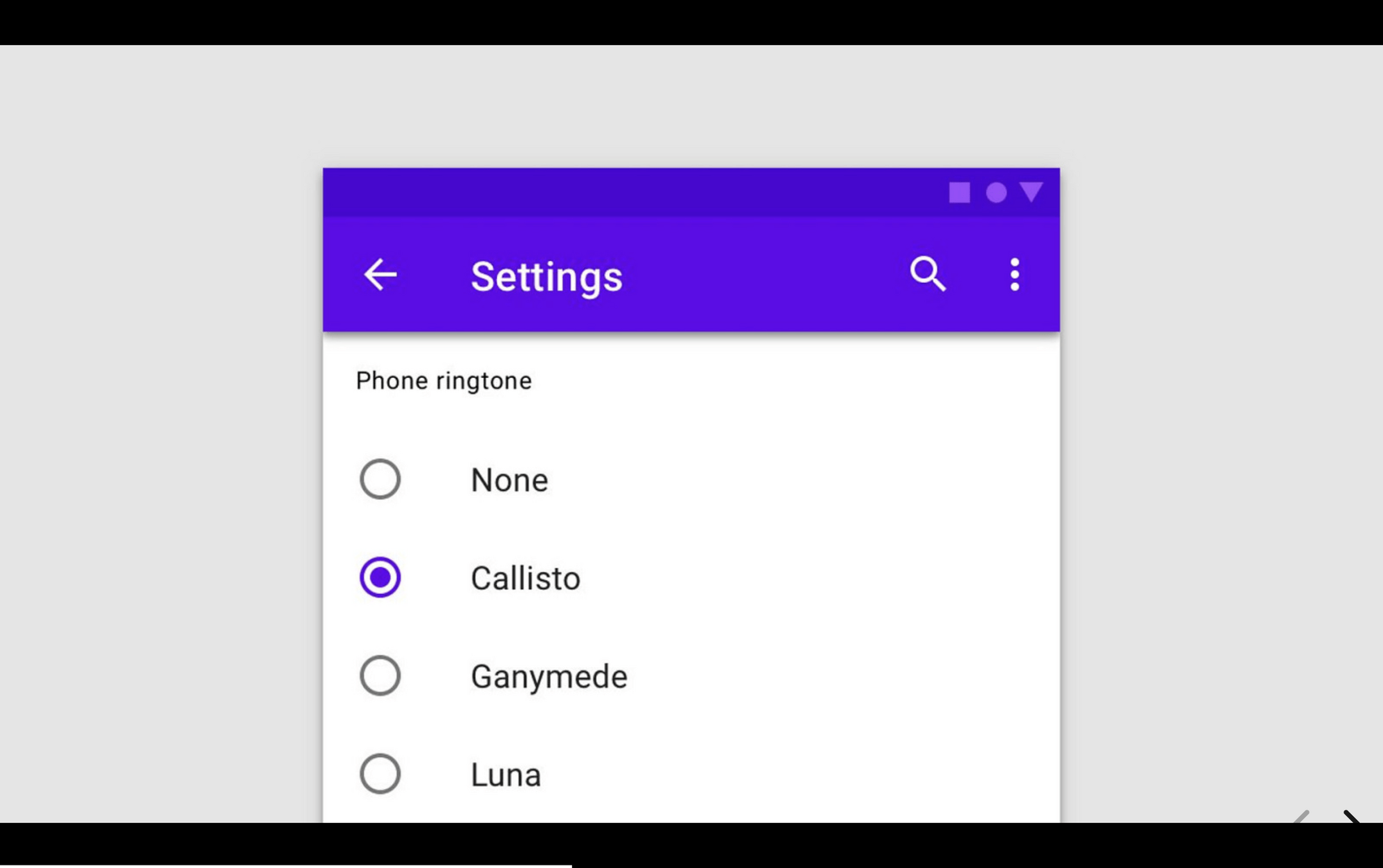 Screenshot of a mobile settings screen with a purple header titled ‘Settings’. Below, a list of ringtone options is shown as radio buttons. The choices include None, Callisto, Ganymede, and Luna, with ‘Callisto’ selected.