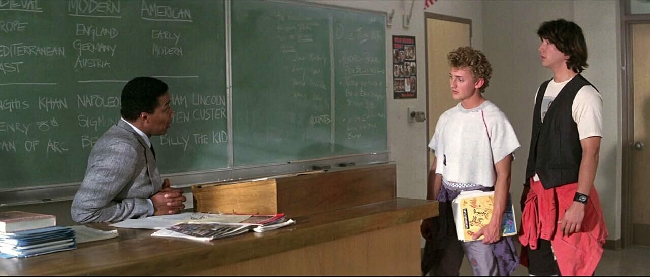Bill and Ted speak to their teacher in the classroom. Bill is holding books, both don't look very pleased whilst the teacher talks. In the background on the blackboard is a list of historical figures