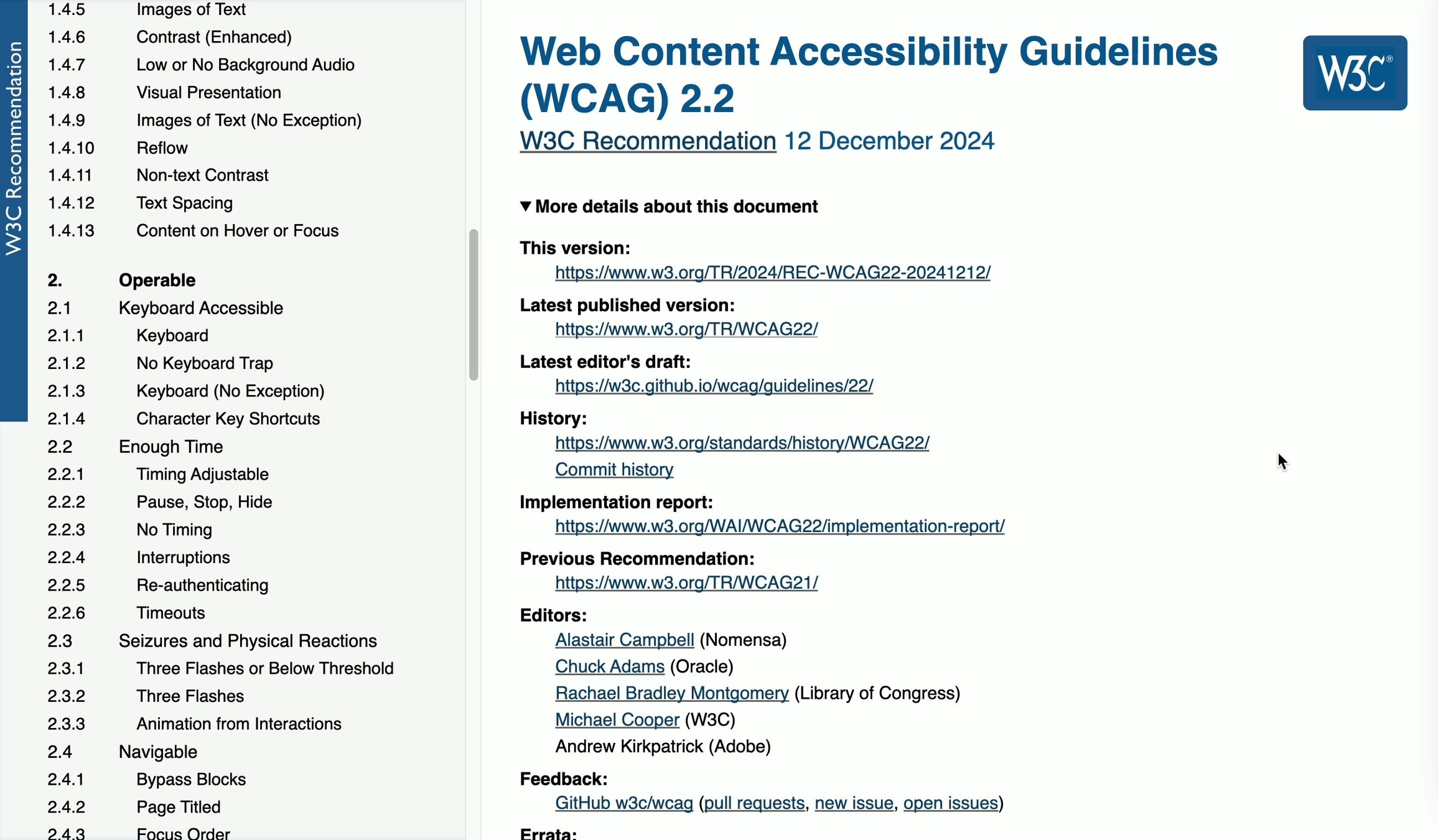 Screenshot of the Web Content Accessibility Guidelines, illustrating its length and size