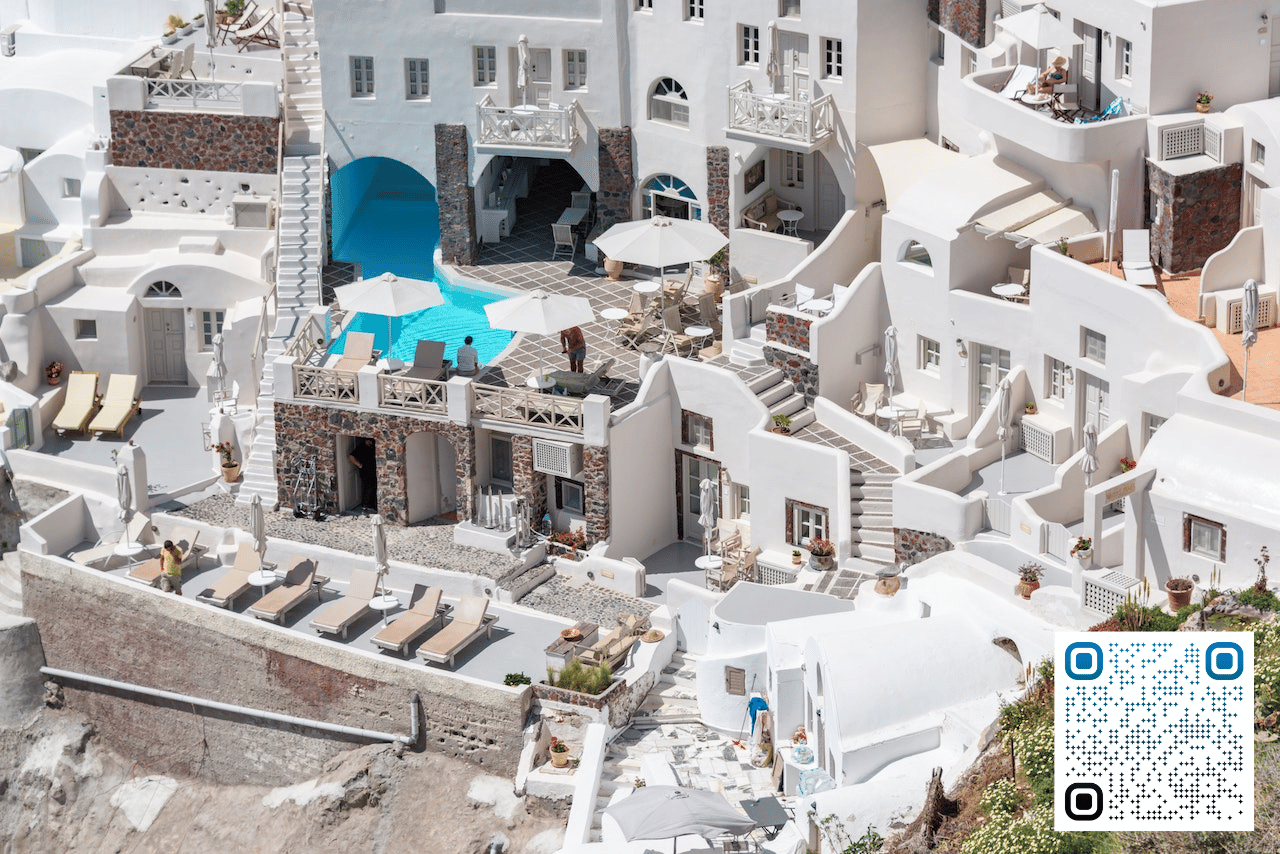 Greek Island Airbnb resort overlooking pool. Airbnb income is high and owner got an accurate airbnb estimate with the Airdeed Airbnb Calculator