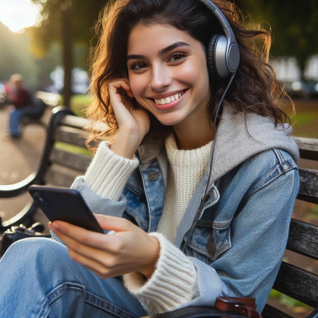 Une femme souriante avec son casque. Sa main droite est sur son oreille et son autre main tient son téléphone.