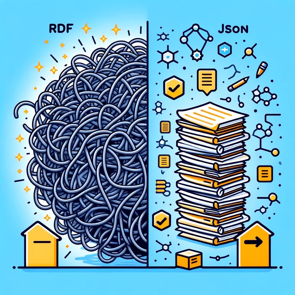 Comparación visual entre RDF y JSON generada por DALL·E en ChatGPT 4. En el lado izquierdo, se muestra una gran maraña de cables sobre un fondo azul con la etiqueta RDF arriba, sugiriendo complejidad o confusión. En el lado derecho, contra un fondo azul similar, hay una pila ordenada de libros con la etiqueta "JSON" en la parte superior, indicando estructura y organización. Entre los libros y los cables, hay una línea divisoria. La parte de JSON también incluye íconos de verificación, diálogos, estructuras moleculares y casillas de selección, lo que implica funcionalidad y claridad.