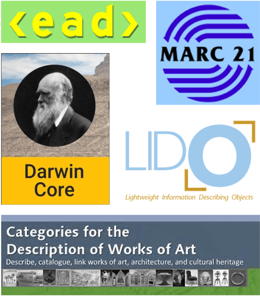 Muestra logotipos y gráficos de diferentes estándares de metadatos utilizados en la catalogación y descripción de colecciones y patrimonio cultural. En la parte superior, se ve el logo de EAD (Encoded Archival Description), seguido por el logo de MARC 21 (Machine-Readable Cataloging). En el centro, aparece una imagen de Charles Darwin que representa el Darwin Core, un estándar para la información de biodiversidad. A la derecha, se encuentra el logo de LIDO (Lightweight Information Describing Objects), enfocado en la descripción de objetos de museos. En la parte inferior, hay un banner que dice Categories for the Description of Works of Art indicando un estándar para describir, catalogar y vincular obras de arte, arquitectura y patrimonio cultural, acompañado de imágenes en miniatura de diferentes tipos de arte y arquitectura. La imagen comunica visualmente la variedad de estándares empleados para organizar y presentar datos en diferentes dominios del conocimiento.