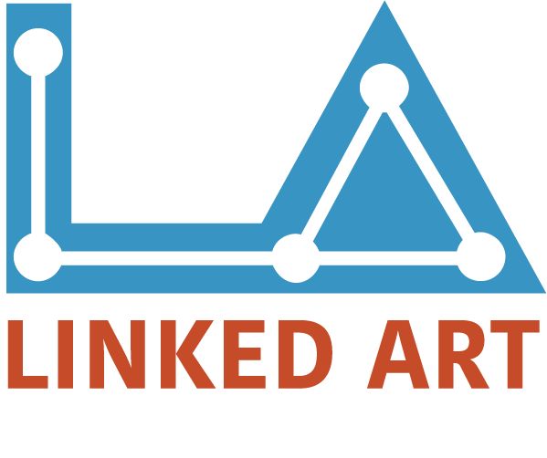 Logo of Linked Art featuring a stylized graphic in the shape of a polygon with three peaks, possibly representing a range of data or network connections, set against a grid background. Beneath the polygon, the word LINKED ART appears in uppercase with a bold font in coral color.