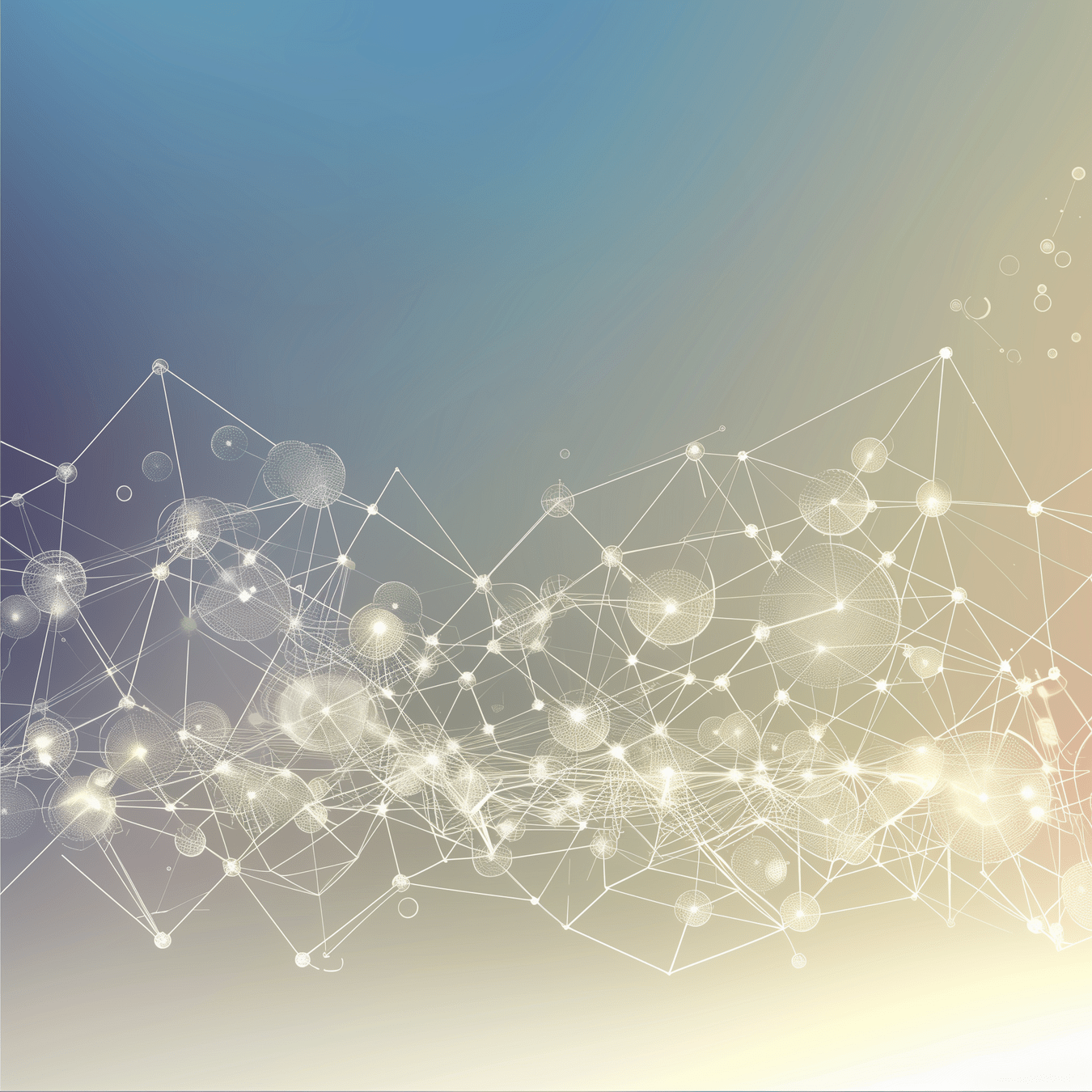 Network of interconnected nodes and lines on a gradient background that transitions from a warm golden hue at the bottom to a clear blue at the top. The nodes vary in size and are connected by thin lines, creating a web-like structure. Some nodes appear as filled circles while others are outlined, and the density of the network varies across the image, with some areas more clustered and others more sparse.