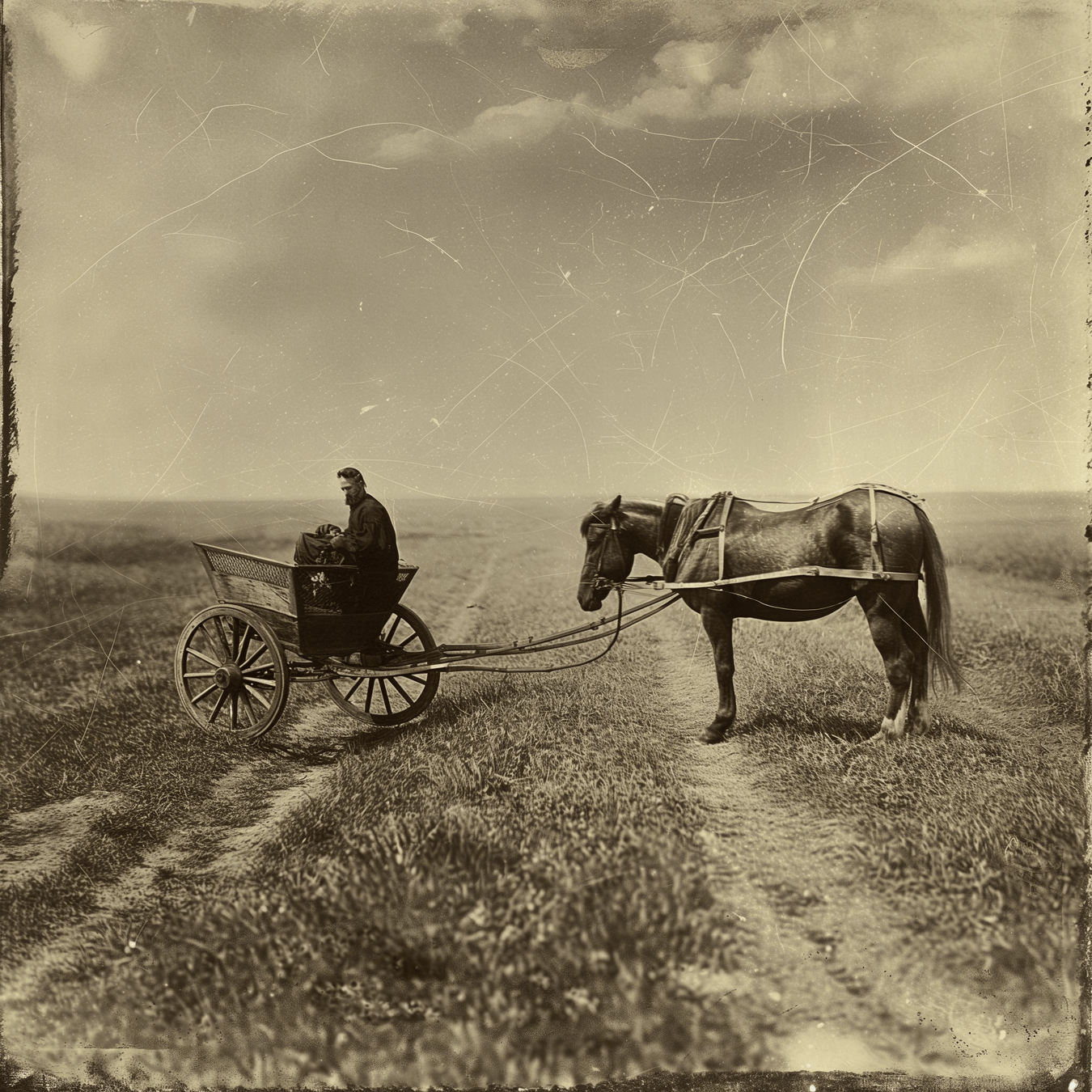Vintage sepia-toned photograph with the ironic staging of the saying Don't put the cart before the horse. A horse stands harnessed behind a small two-wheeled cart, rather than in front of it. The person in the cart, dressed in dark clothing and a cap, appears to be ready to drive, oblivious to the reversed setup. The background features a wide-open field, enhancing the absurdity of the scene with the horse standing still on the grassy path, under a vast sky marked by clouds.