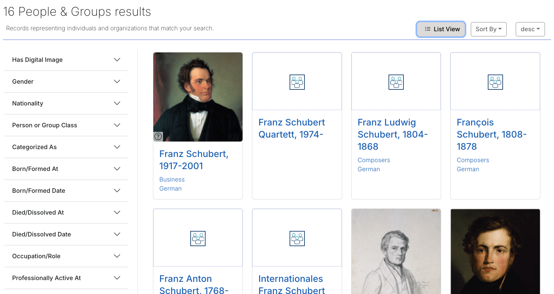 Screenshot of search results in the LUX platform for the name Franz Schubert.