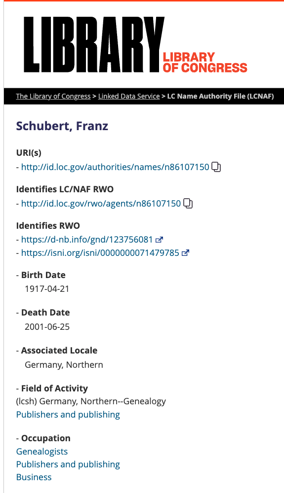 Screenshot of the Library of Congress Linked Data Service page for Schubert, Franz.