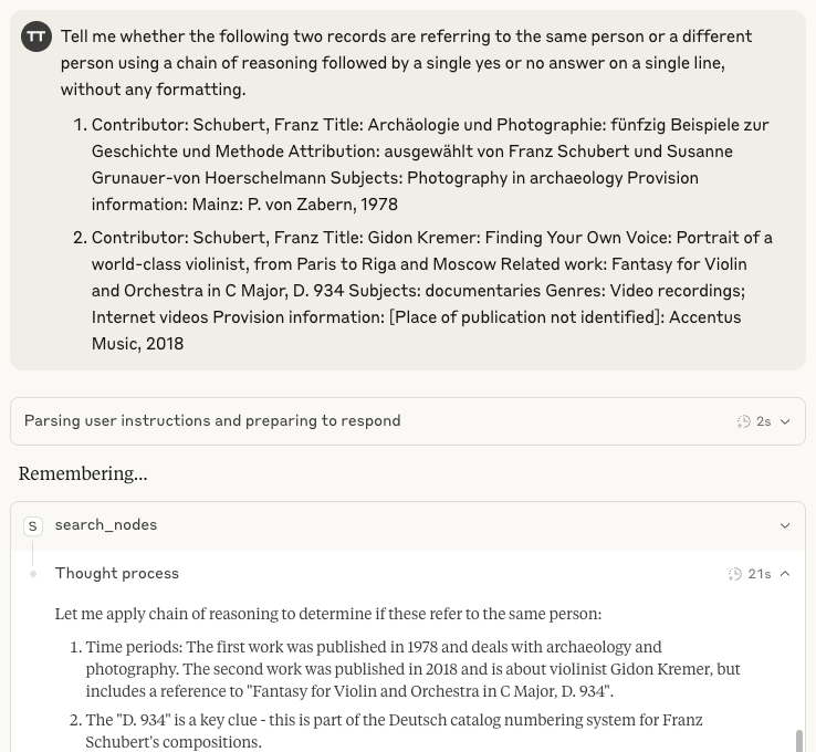 Entity resolution prompt and partial answer from Claude 3.7 Sonnet.