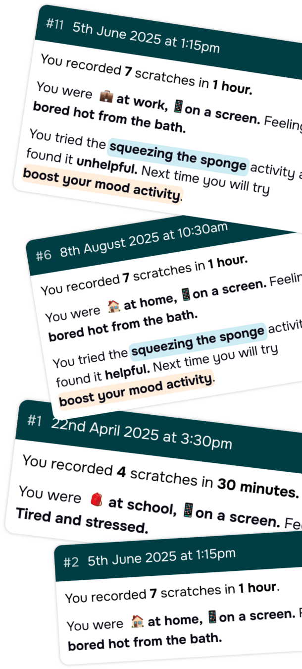 4 cards showing scratching diary entries with details about how many scratches over a time period, where they were, what they are feeling and how they tried to stop. 