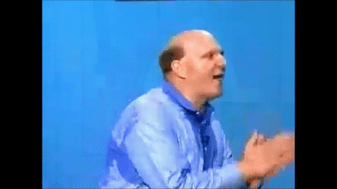 Steve Ballmer shouting "DEVELOPERS, DEVELOPERS, DEVELOPERS" at a Microsoft Windows conference.