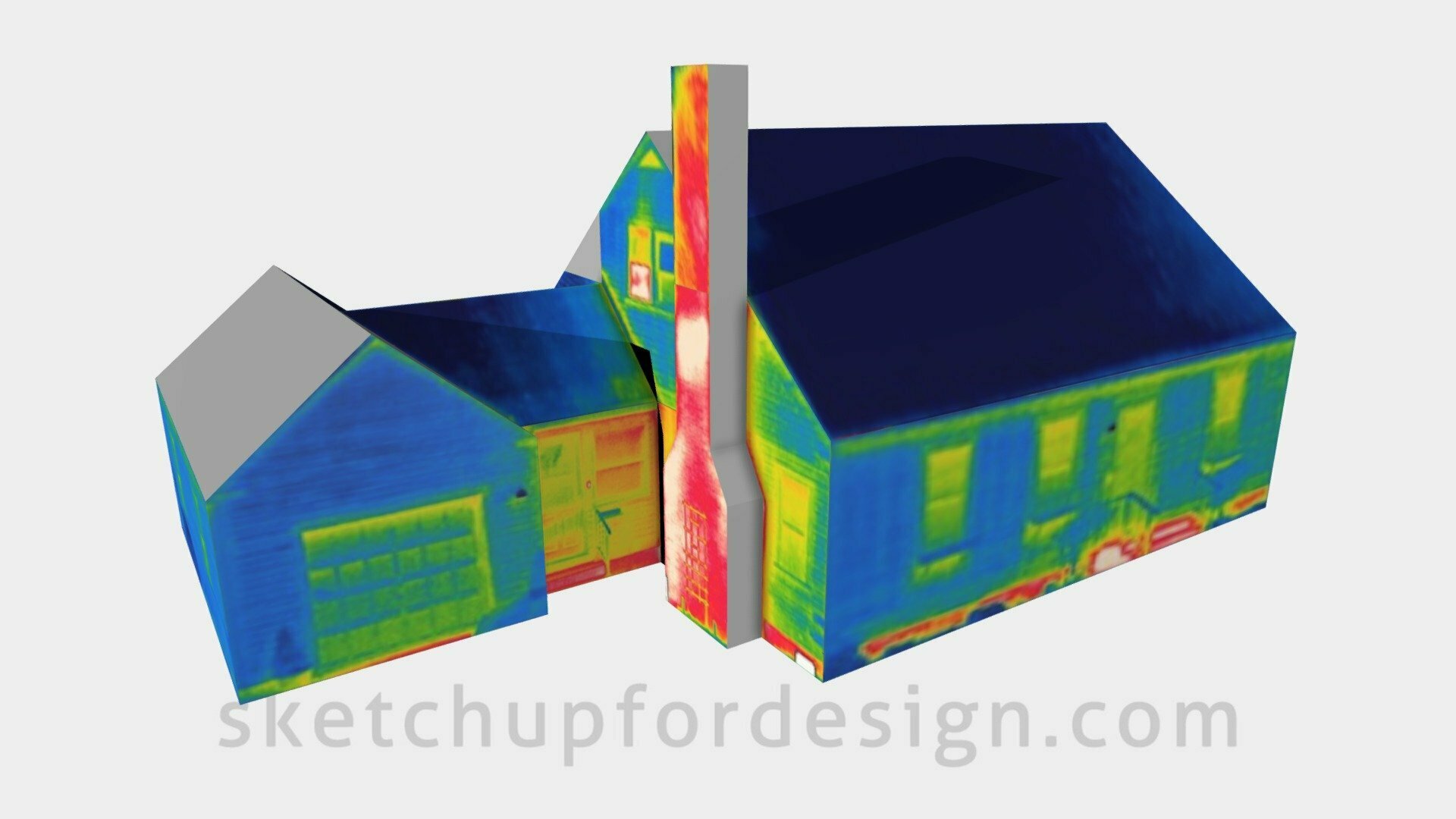 A 3D, multicolored image of a house with the text sketchupfordesign.com
