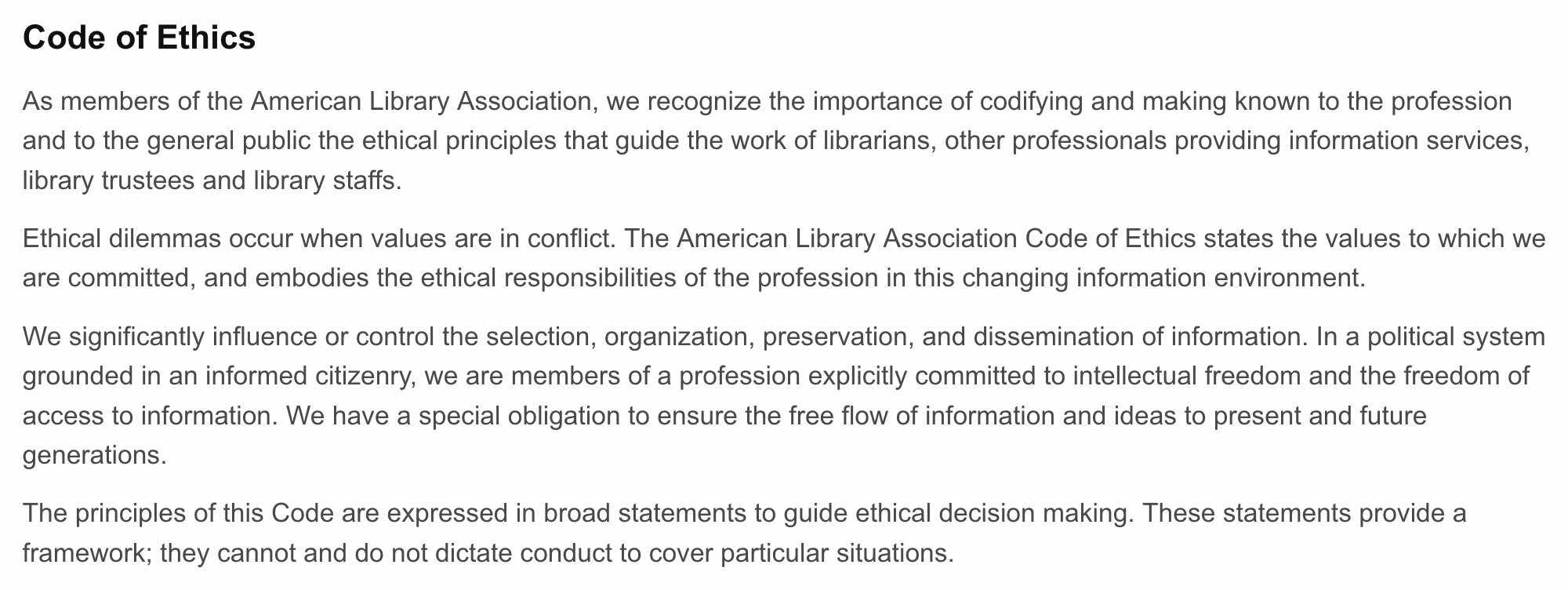 screenshot with first part of the ALA Code of Ethics
