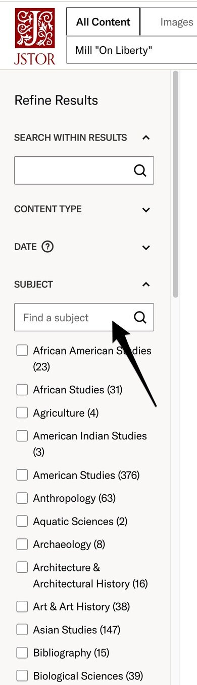 screenshot how to filter jstor results by subject