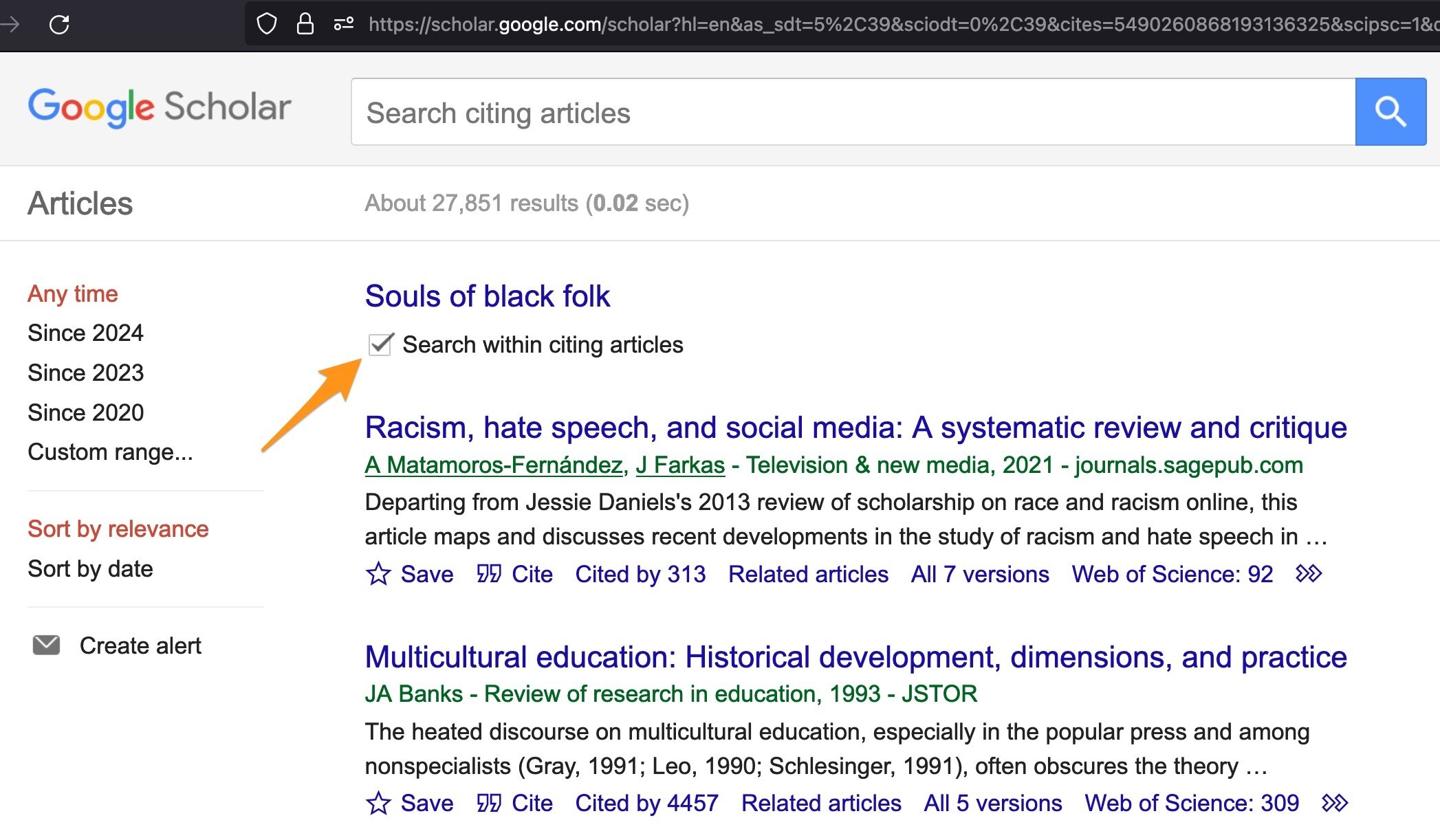 Google Scholar screenshot for linked search results