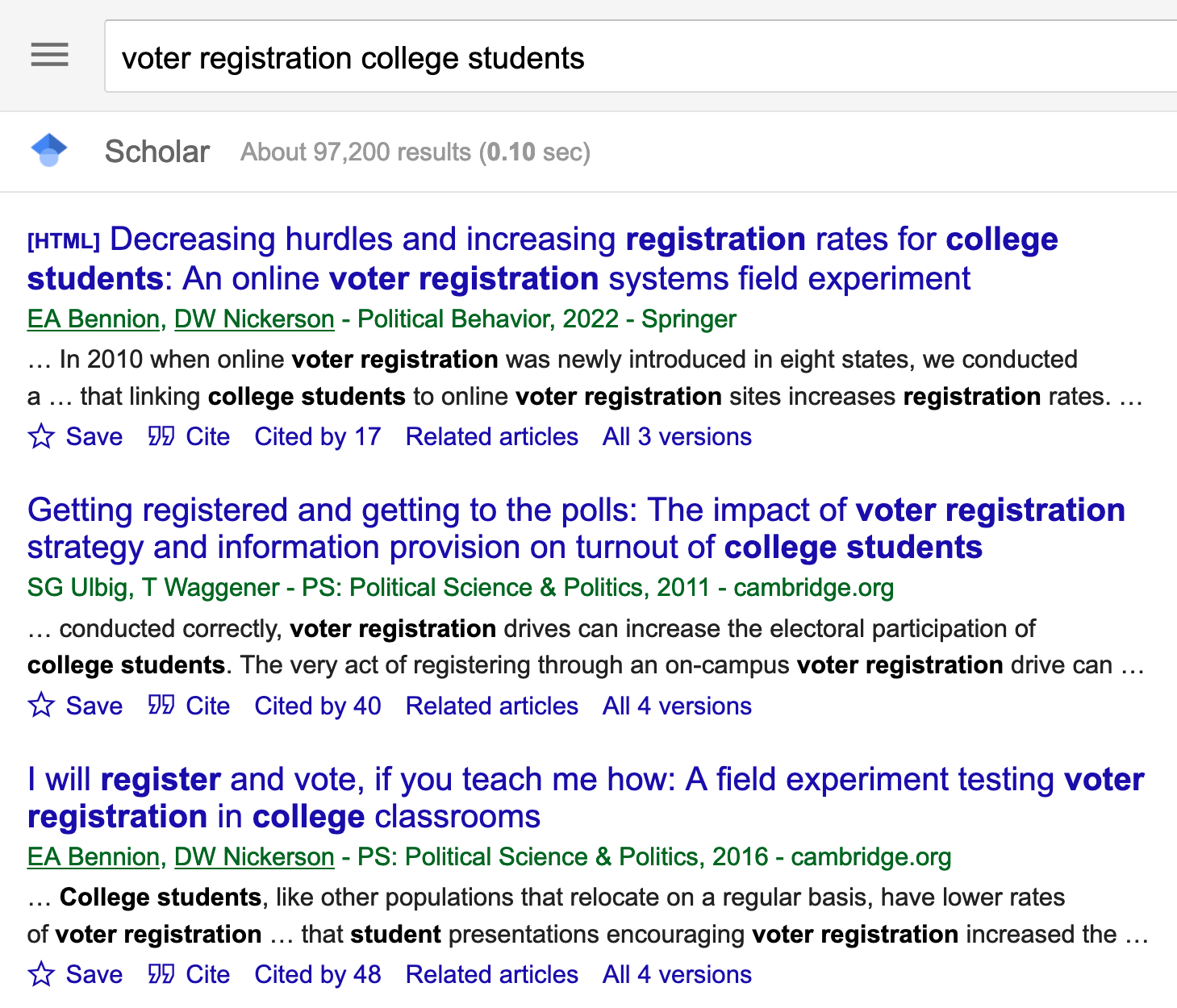 Google Scholar results showing citations to articles on voter registration and college students