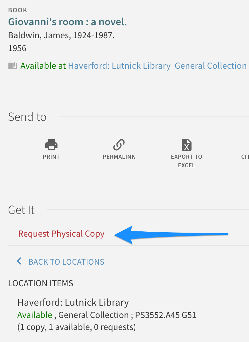 screenshot of Tripod record for copy of Giovanni's Room at Haverford