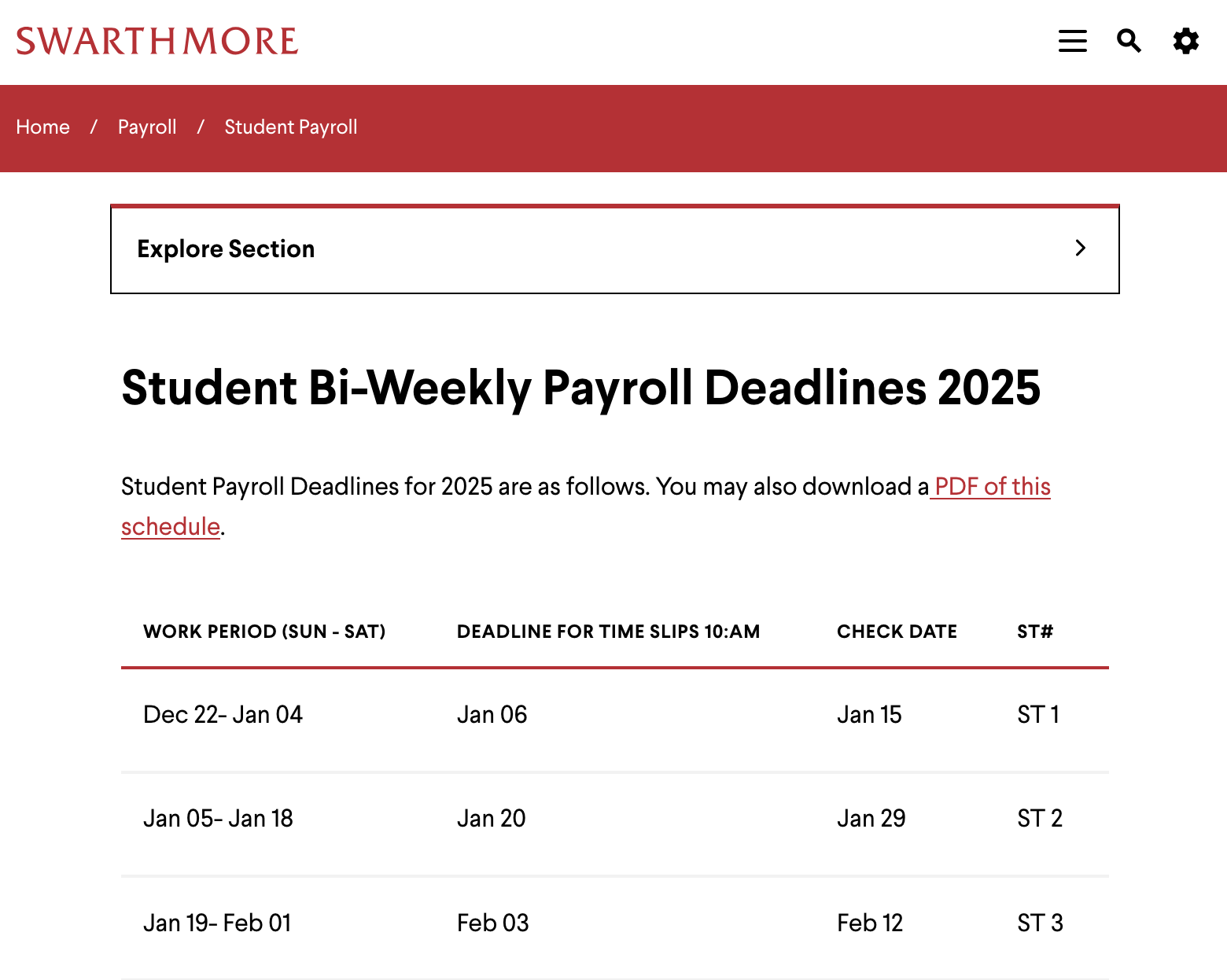 screenshot of linked student timesheet deadlines page