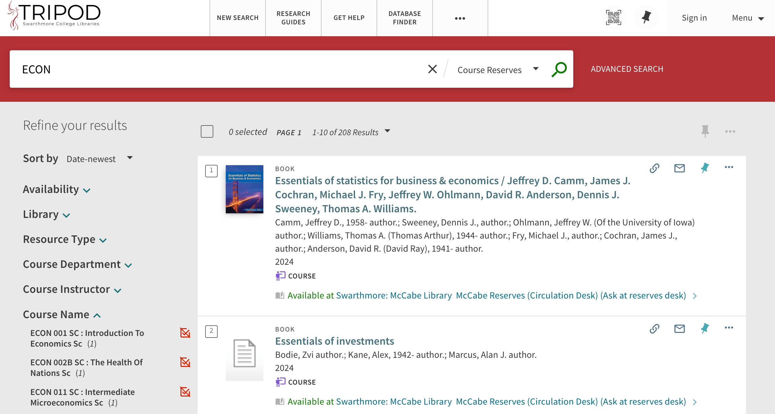 screenshot course reserves page of library website