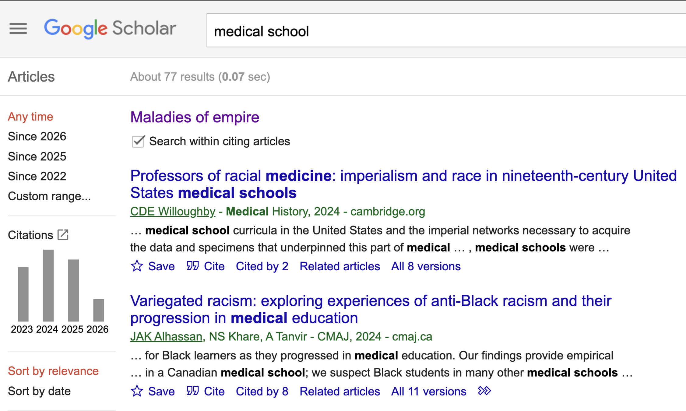 Google Scholar search for medical school, searching within citing articles for Maladies of Empire