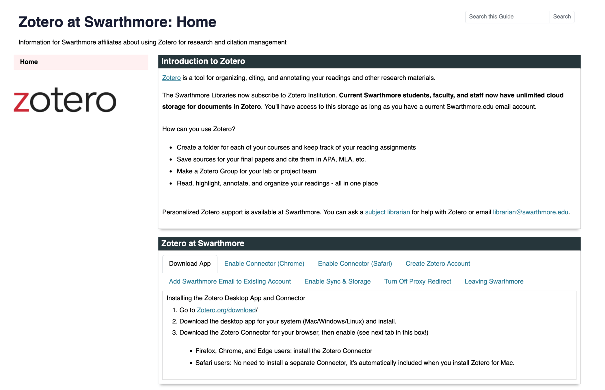screenshot of linked research guide: zotero at swarthmore