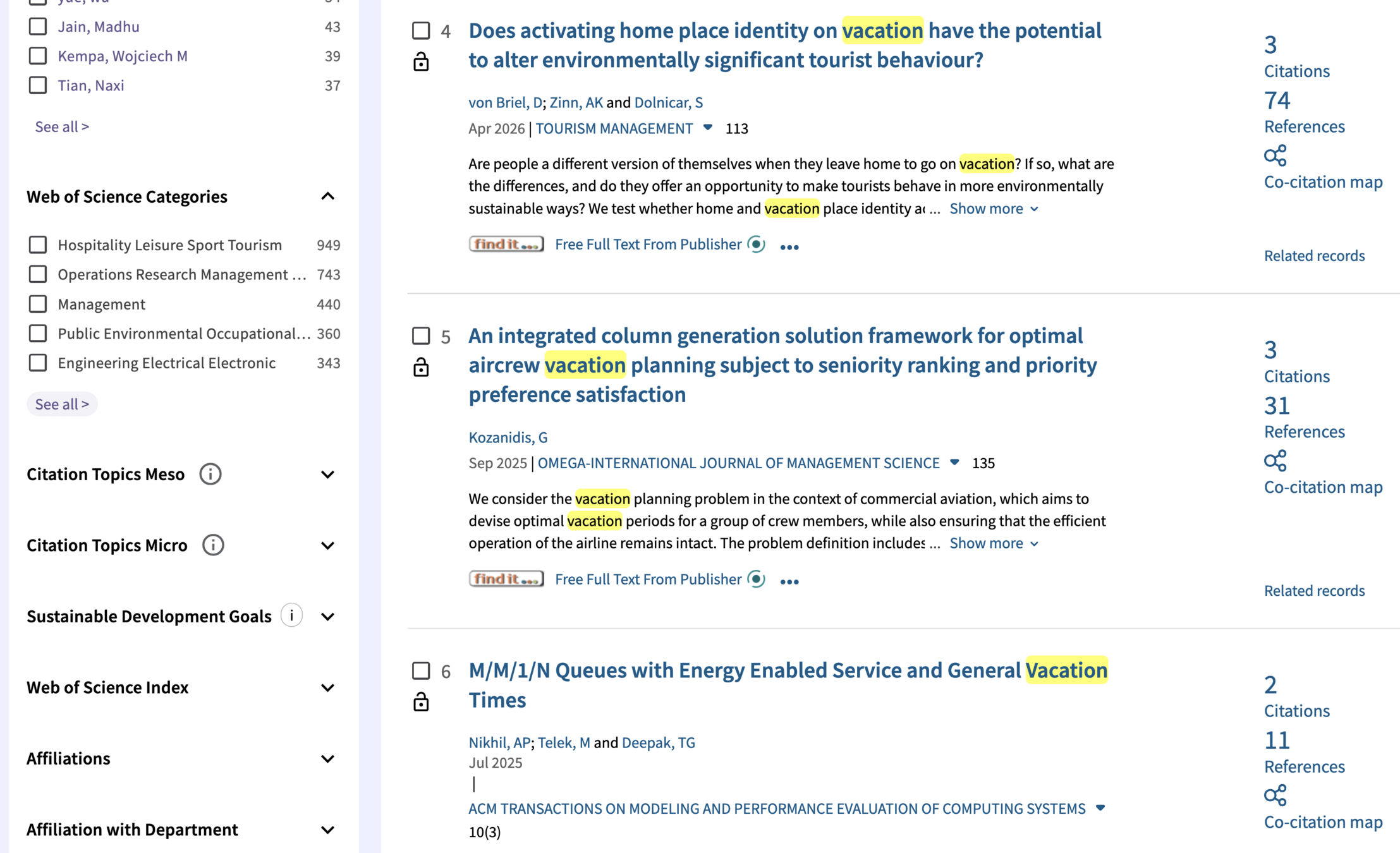 screenshot web of science results highlighting "refine results" option "Web of Science Categories"