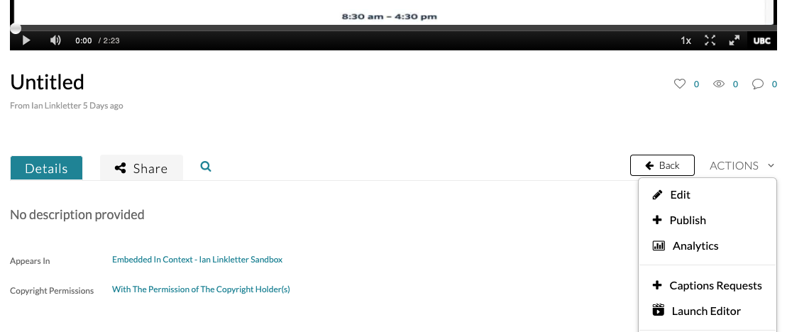 Screenshot of the Kaltura interface when viewing an uploaded video. A green arrow points to the "Captions Requests" option under the Actions menu.