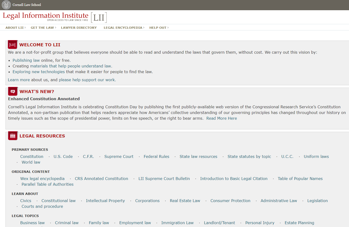 Screenshot of Cornell's Legal Information Institute