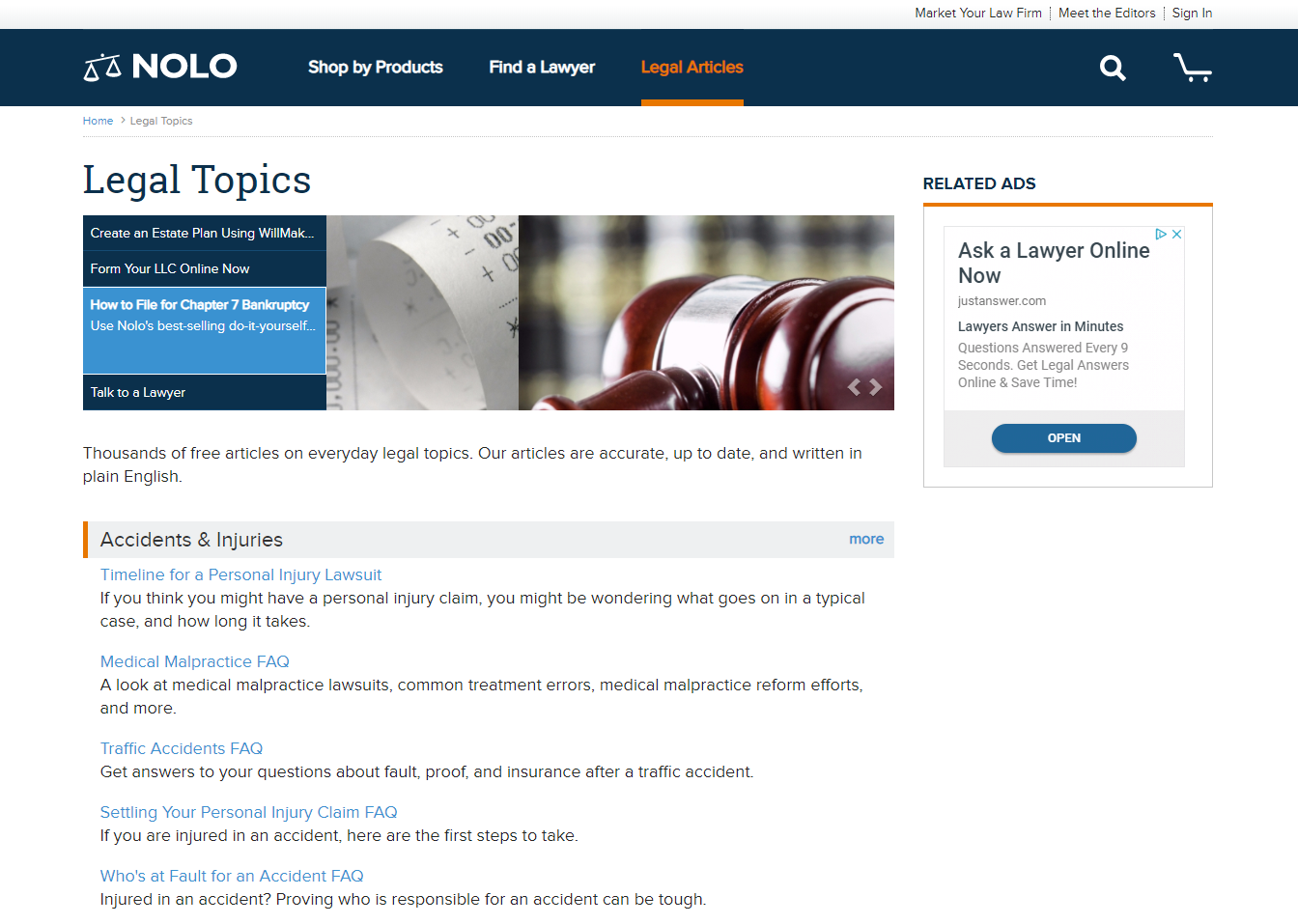 Screenshot of Nolo.com's Legal Topics