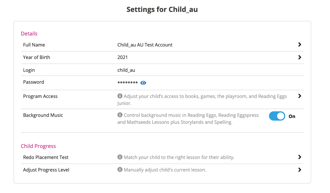 parent website showing setting for a child including the ability to toggle background music