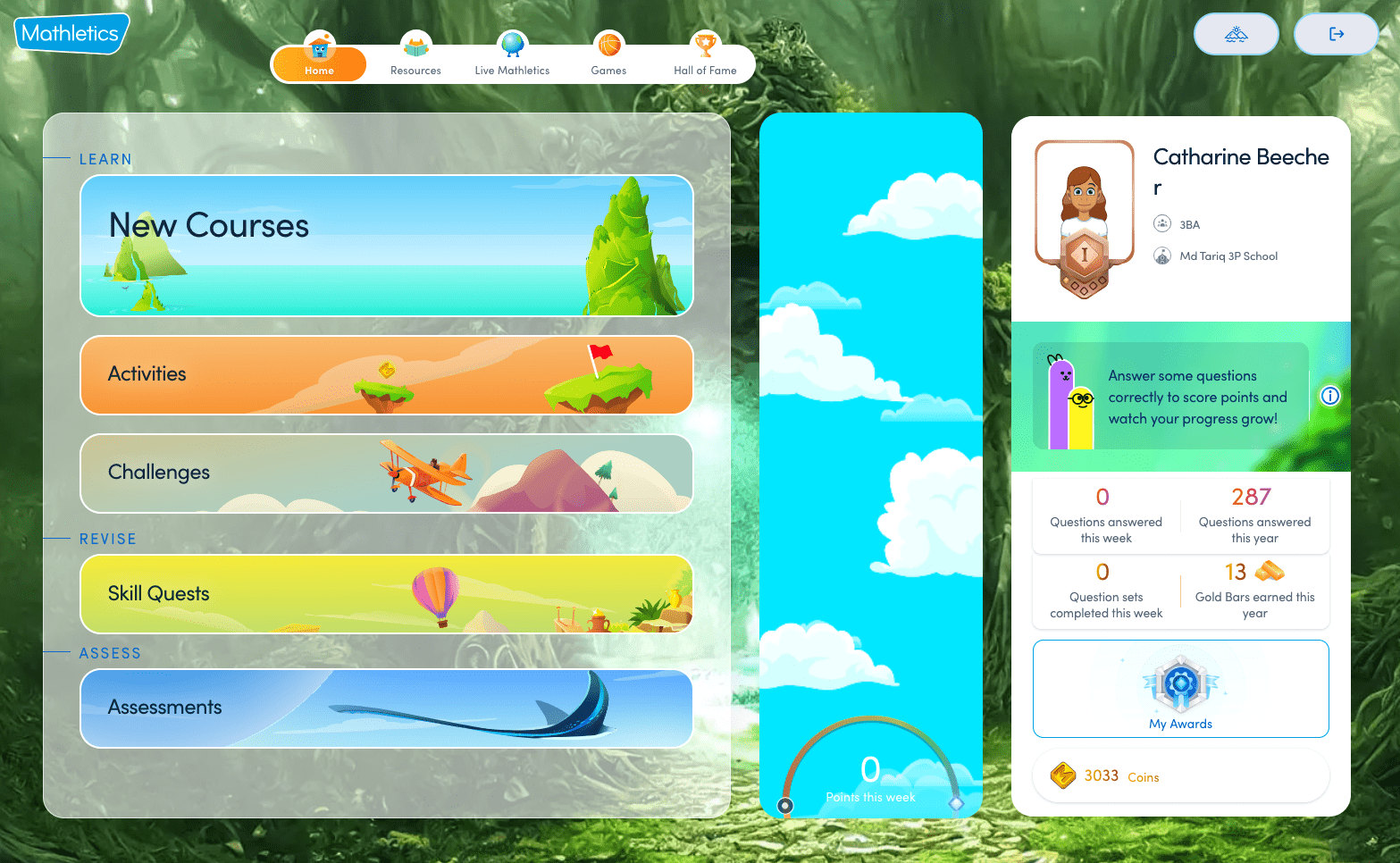 Mathletics dashboard page