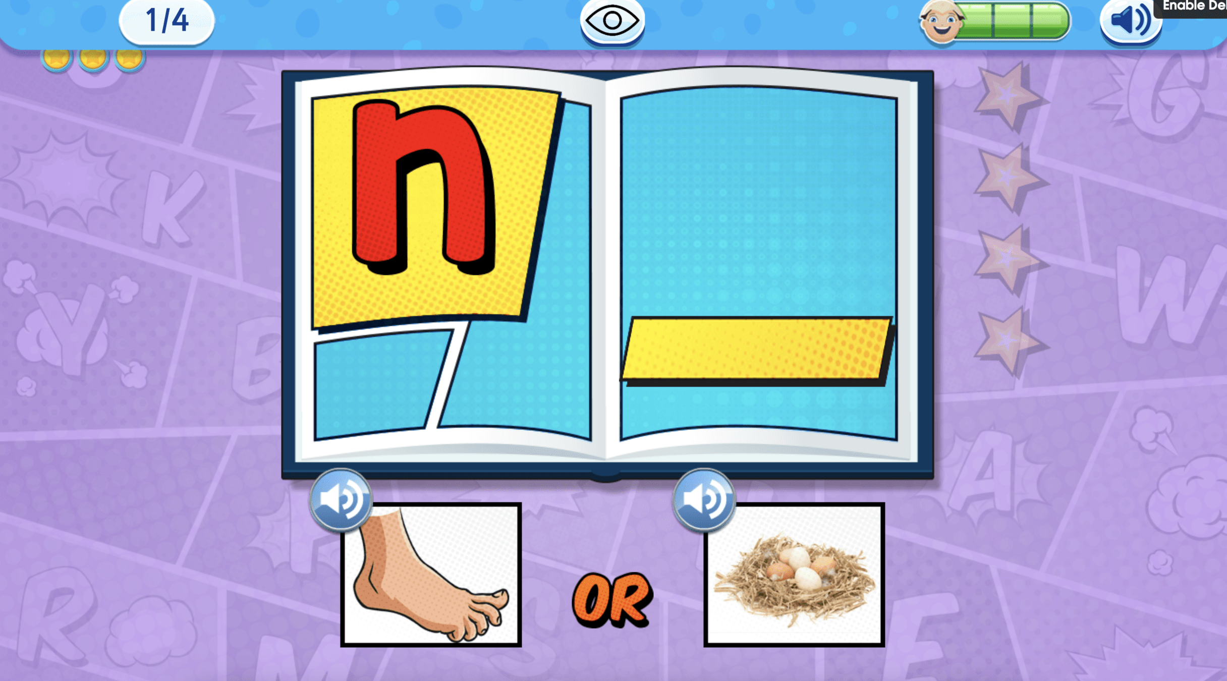 Readingeggs acticity showing the top bar with tracking and audio control button