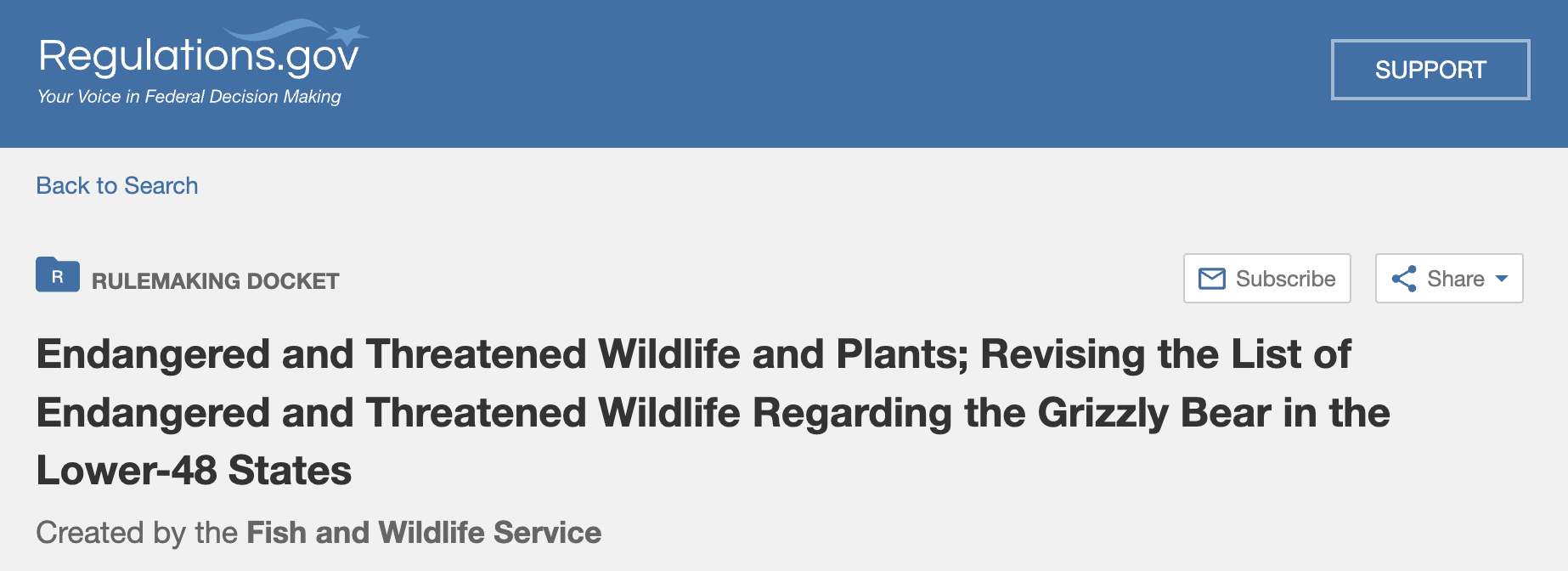 Regulations.gov rulemaking docket for proposed grizzly bear protections