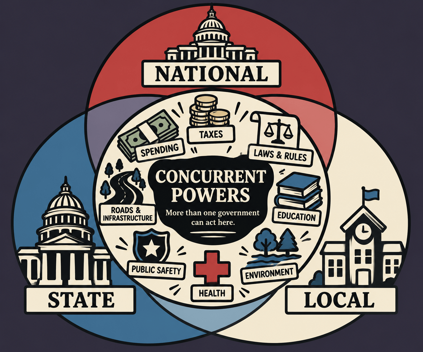 National, state, and local governments overlap in concurrent powers