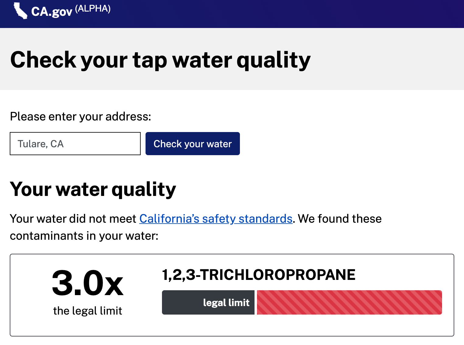 Screenshot of tap water quality checking tool